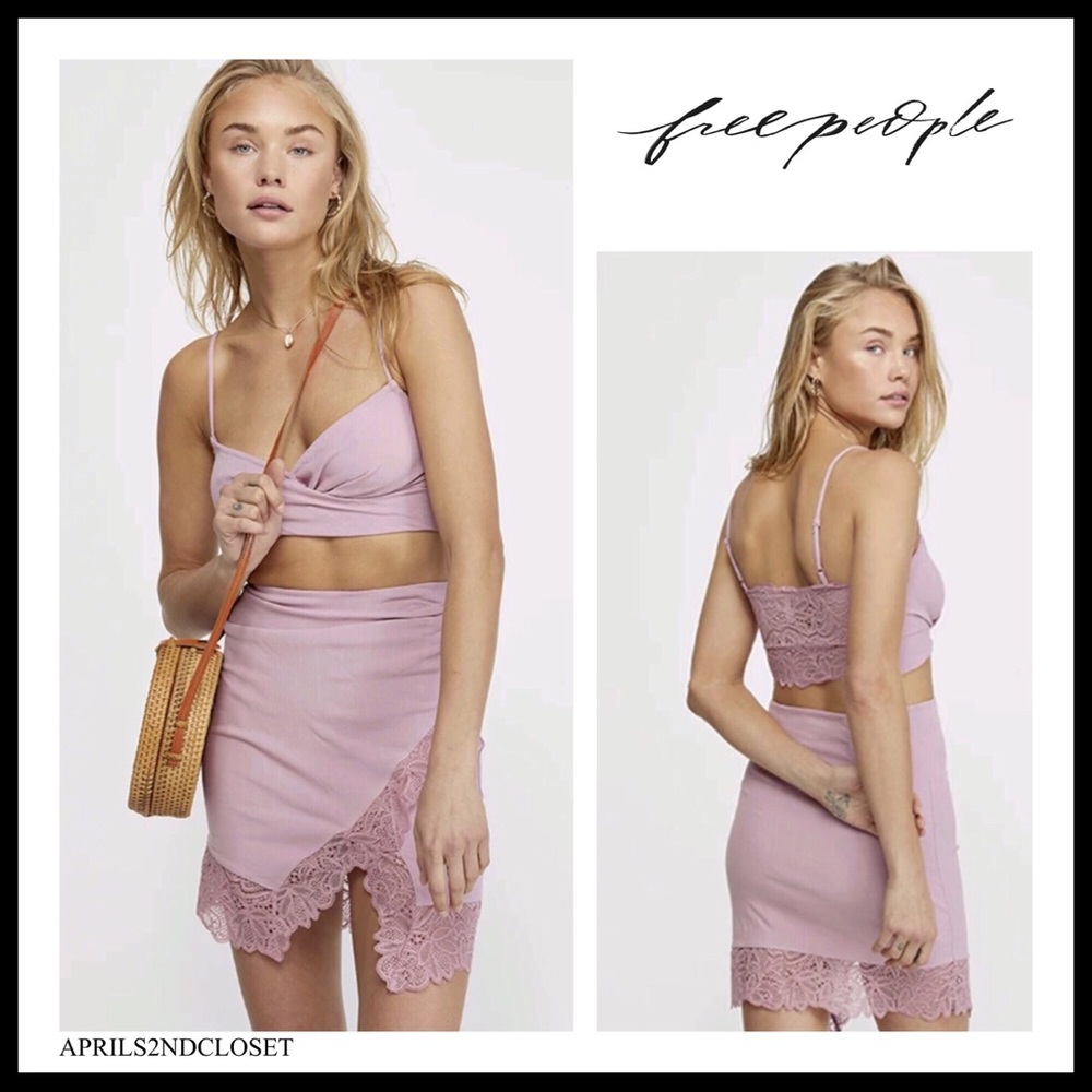 FREE PEOPLE BOHO KNIT MINI SKIRT CAMI TANK CROP TOP BOHEMIAN 2 PIECE SET A3C - Picture 1 of 16